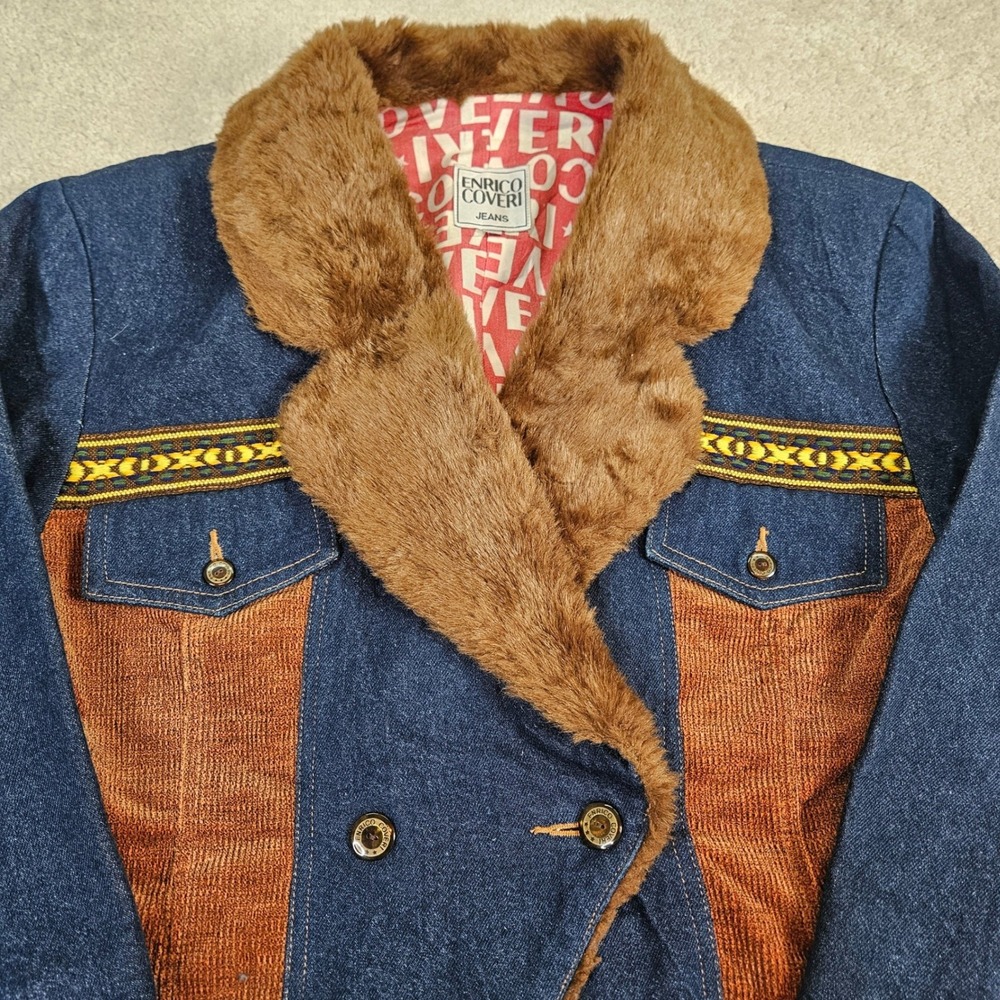 Y2K Enrico Coveri Women's Faux Fur Denim Indie Jacket M Cropped 2000's Statement - Picture 2 of 9